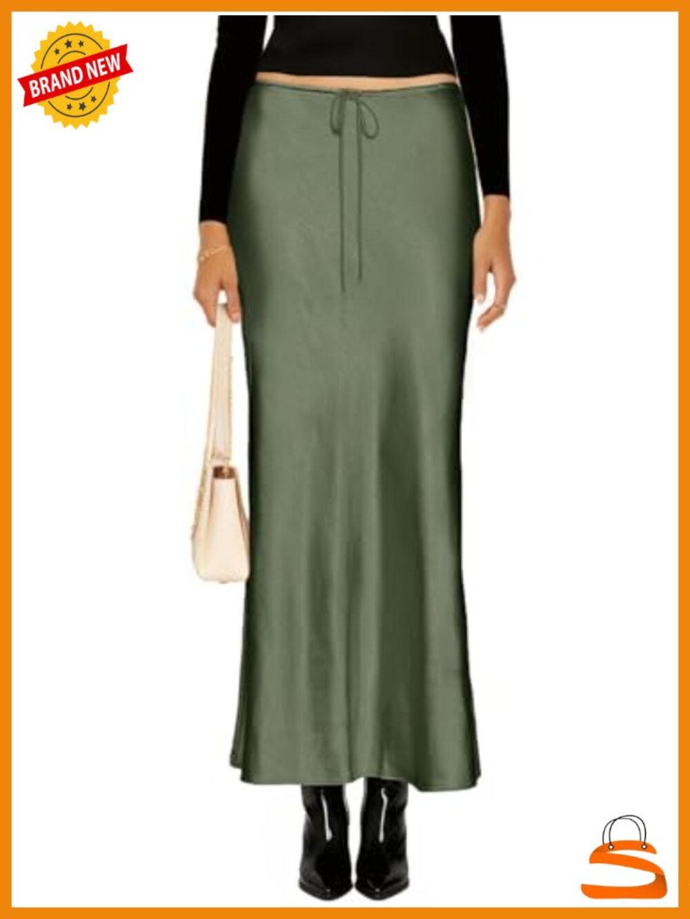 Satin Maxi Skirt High Waist A-Line Flowy Drawstring Long Skirt